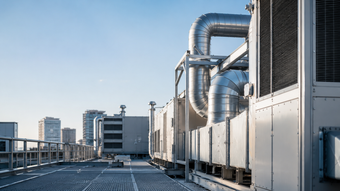 Unités de climatisation sur le toit et grands conduits argentés sur un bâtiment moderne sous un ciel bleu azur.