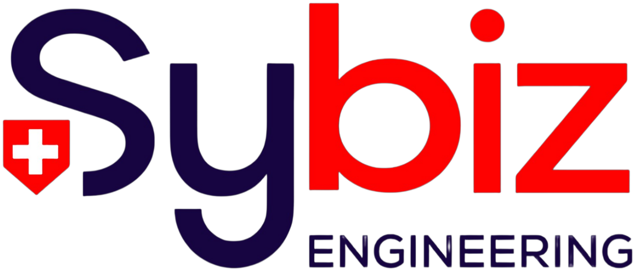 Logo de Sybiz Engineering avec texte rouge et bleu foncé et icône de bouclier