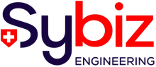 Logo de Sybiz Engineering avec texte rouge et bleu fonc&eacute; et ic&ocirc;ne de bouclier