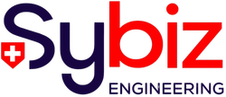 Logo de Sybiz Engineering en rouge, bleu et violet avec une icône de bouclier
