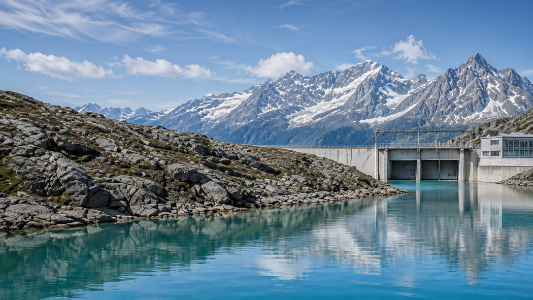 Lac de montagne aux eaux turquoise, rives rocheuses, barrage et sommets enneigés sous un ciel bleu