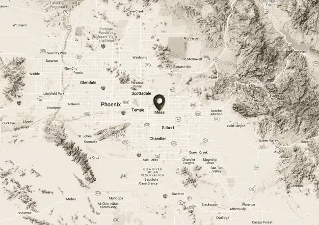 A black and white map of a city with a pin on it.