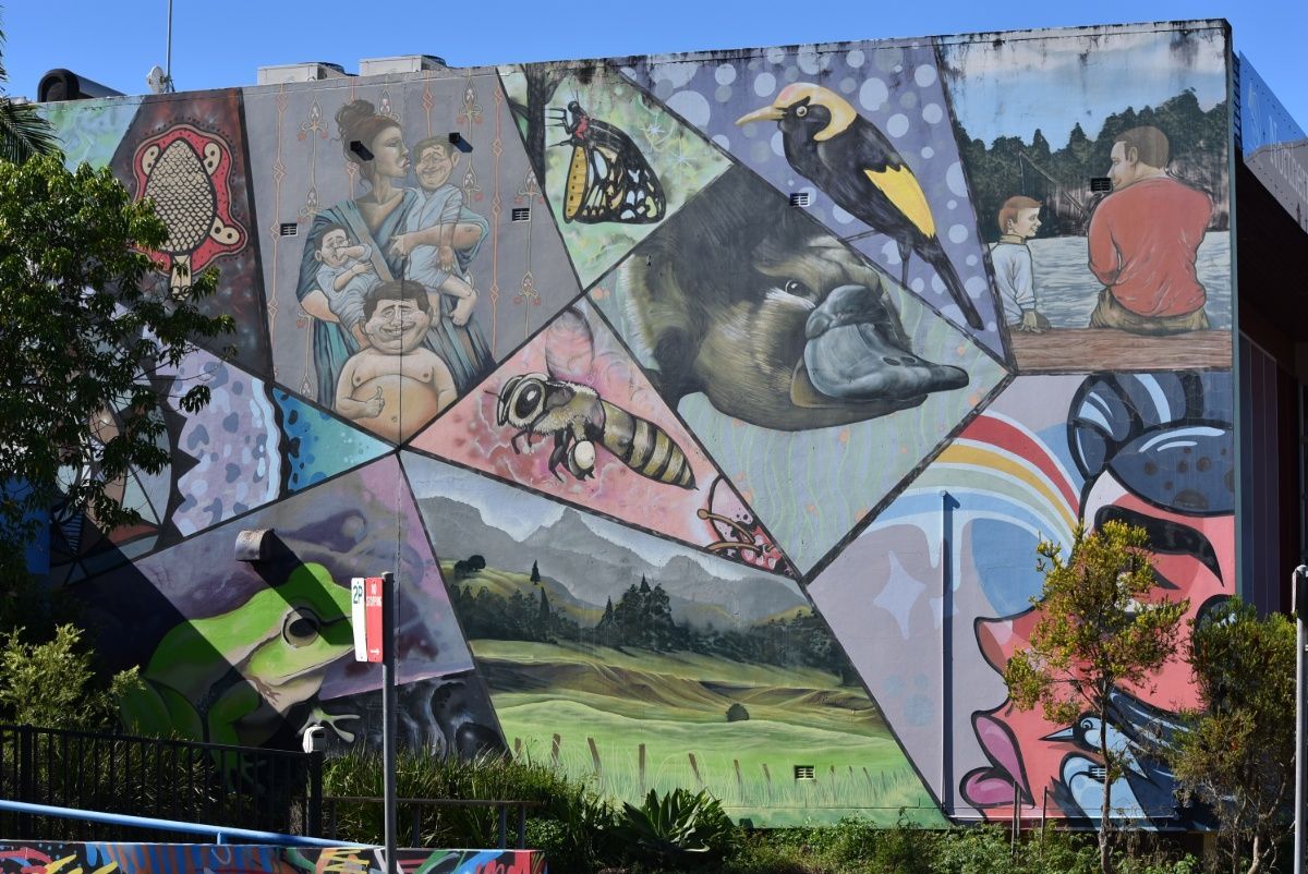 Colorful mural on a building depicting various scenes, including people, animals, and landscapes — Norcoast Diggers in Lismore, NSW