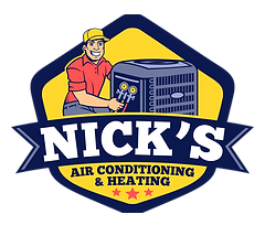 Logo: Cartoon of Nick, a technician, next to an AC unit; text "Nick's Air Conditioning & Heating."