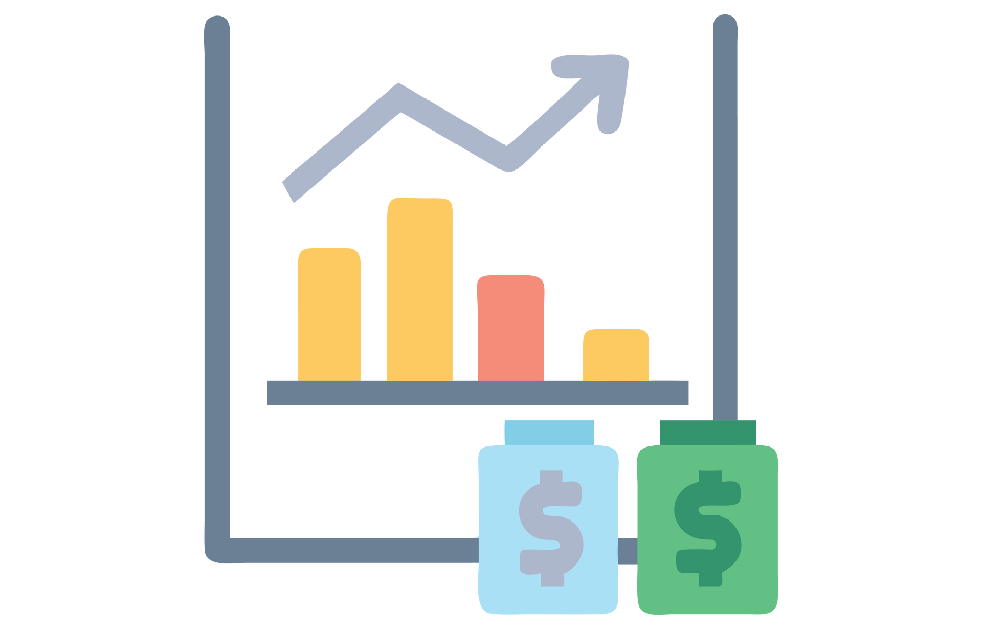 an icon of a graph with money jars in front of it.