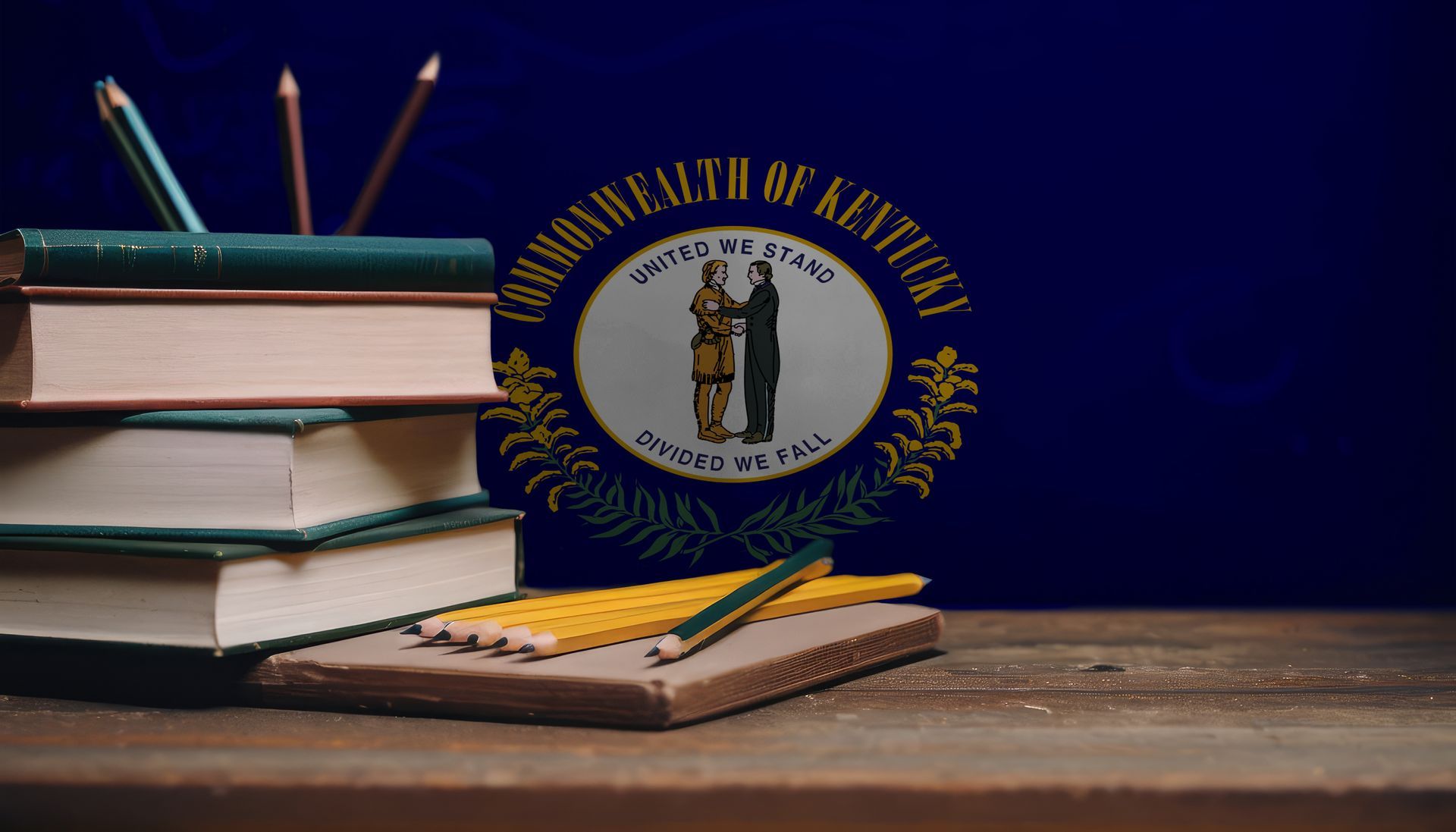 a stack of books and pencils in front of the Kentucky state flag.