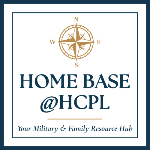 compass graphic and the words, home base at HCPL, your military and family resource hub.