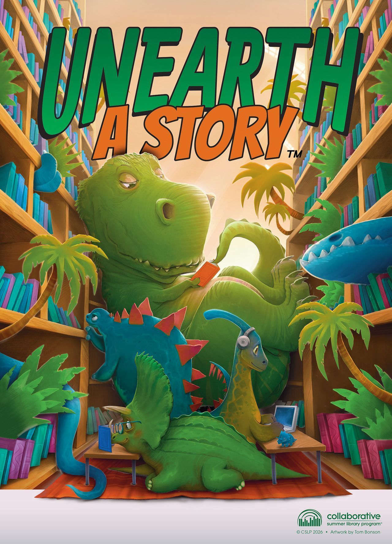 A graphic of a group of dinosaurs standing between two bookshelves, with the words 'Unearth a Story' above them.