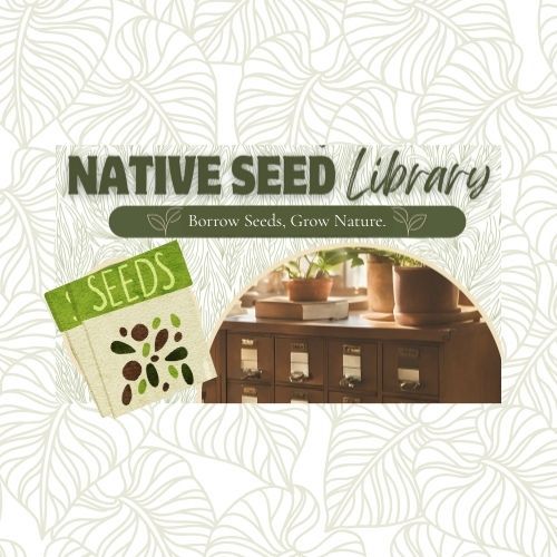 A graphic of a pack of seeds in front of a photo of a card catalogue. 