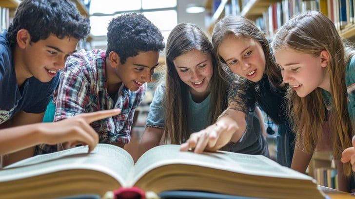 PHOTO OF TEENS POINTING TO BOOK