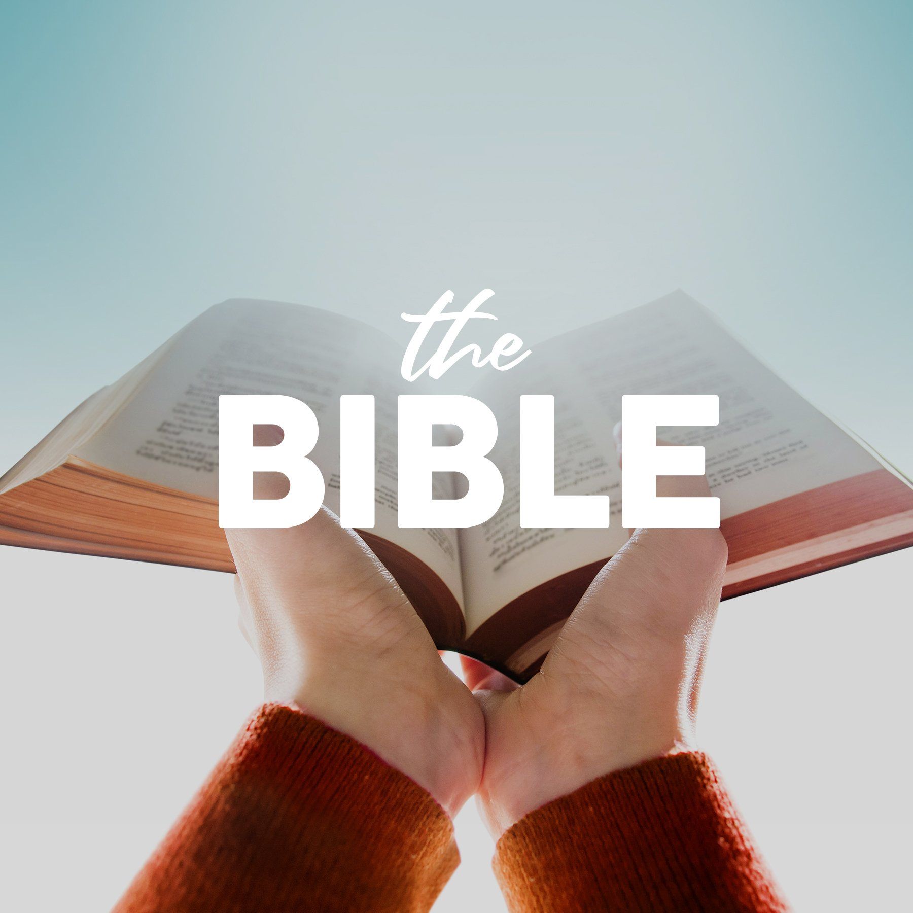 Hands holding an open Bible against a pale blue sky with “the BIBLE” text overlay