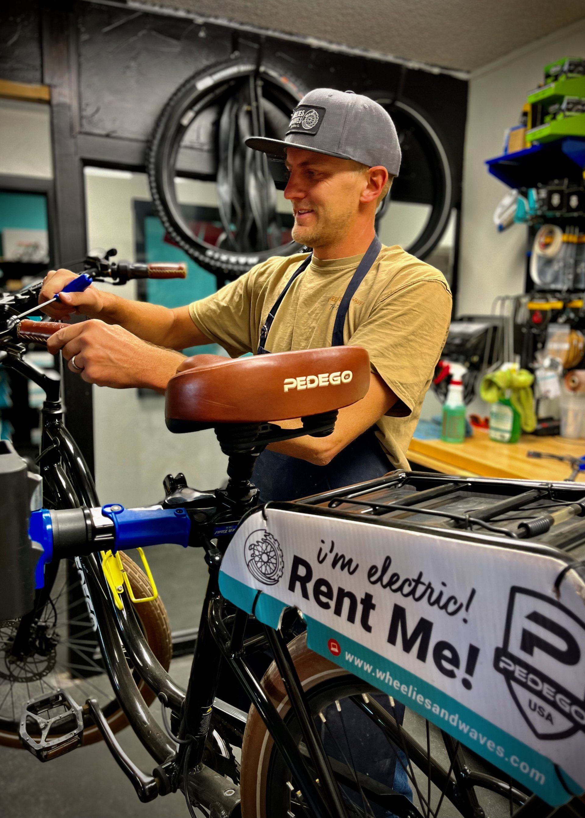 Bicycles displayed inside a store, various colors, mostly teal and grey, in rows.