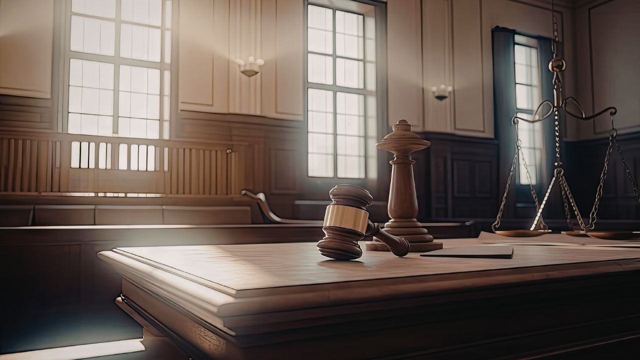 Judge's bench with gavel and scales in a sunlit courtroom