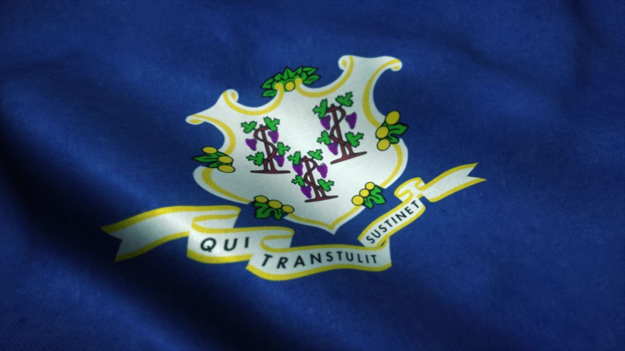 Blue state flag with a white shield crest and ribbon reading “Qui transtulit sustinet”