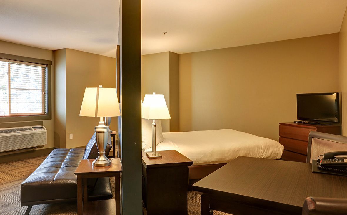 Hotel room with a bed, desk, sofa, TV, and lamps. Earth-toned walls and window.