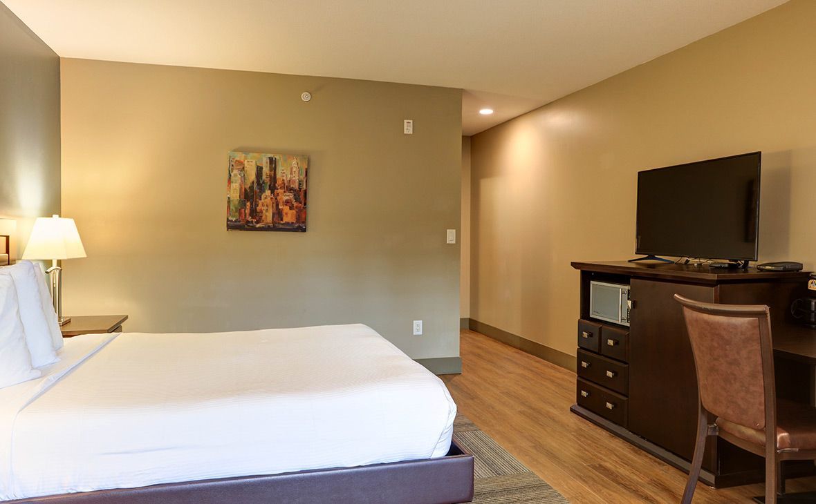 Bedroom interior with bed, TV, desk, and neutral walls.