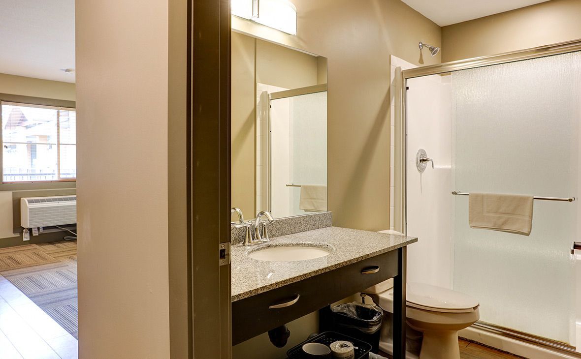 Bathroom interior with vanity, mirror, shower, and toilet. Beige walls and white shower door.