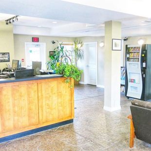 Reception area with a wooden desk, plants, a vending machine, and a waiting area.