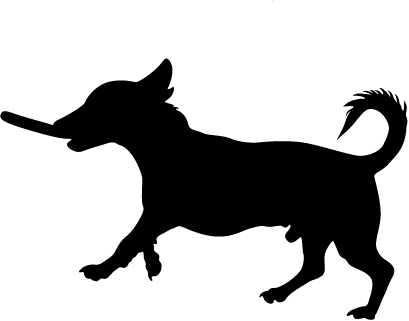 A silhouette of a dog holding a stick in its mouth.