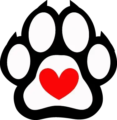 A black paw print with a red heart in the middle.