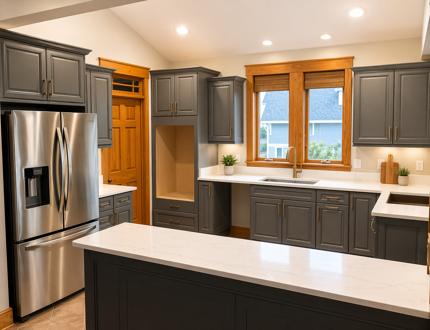 Modern kitchen with stainless steel appliances, dark cabinets, white countertops, and a window over the sink.