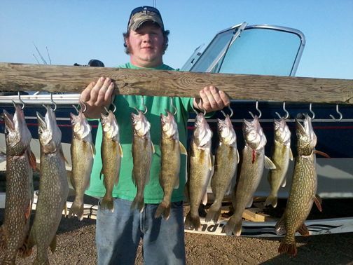 Man holding a wooden board with several fish hanging from hooks, boat in background.