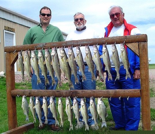 Three men stand with two rows of caught fish hanging on a wooden rack outdoors.