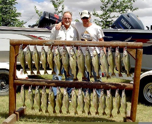Two men stand behind a wooden rack holding many fish, with boats in the background.