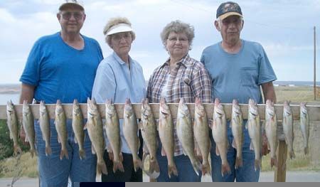 Four people stand behind a rack of fish they caught, near a lake.