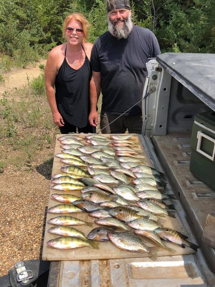Couple with a large catch of fish on a tailgate. They are smiling outside, near trees.