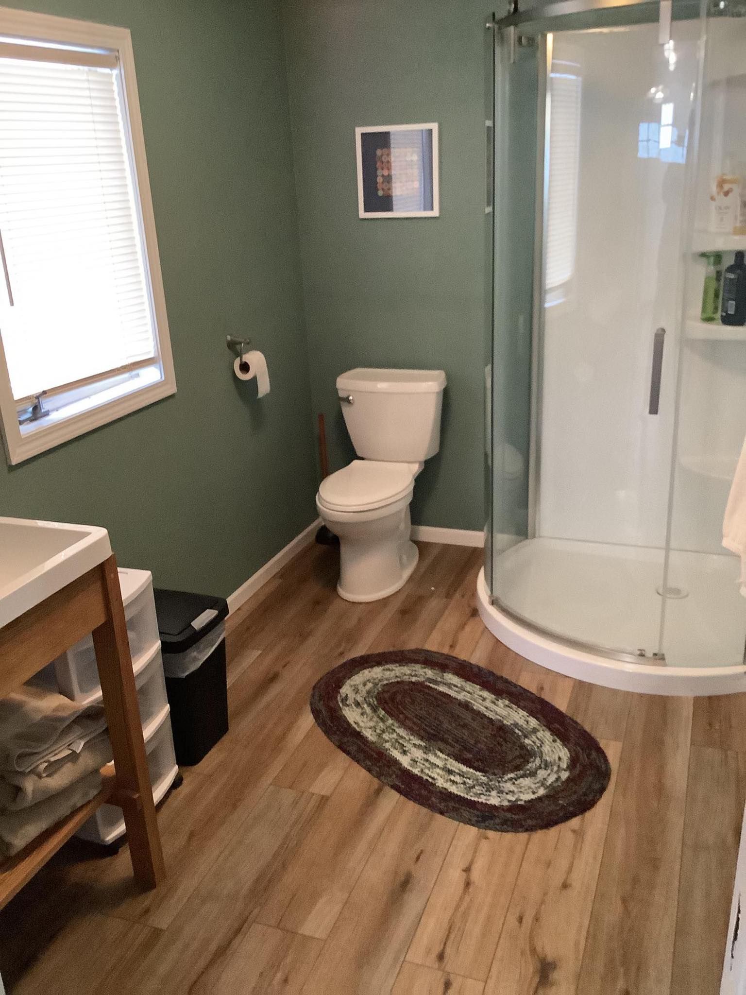 Bathroom with green walls, a toilet, shower, and window with blinds. Brown rug on wood-look floor.