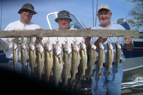 Three men holding up a wooden board with numerous fish hanging from hooks, boat in background.