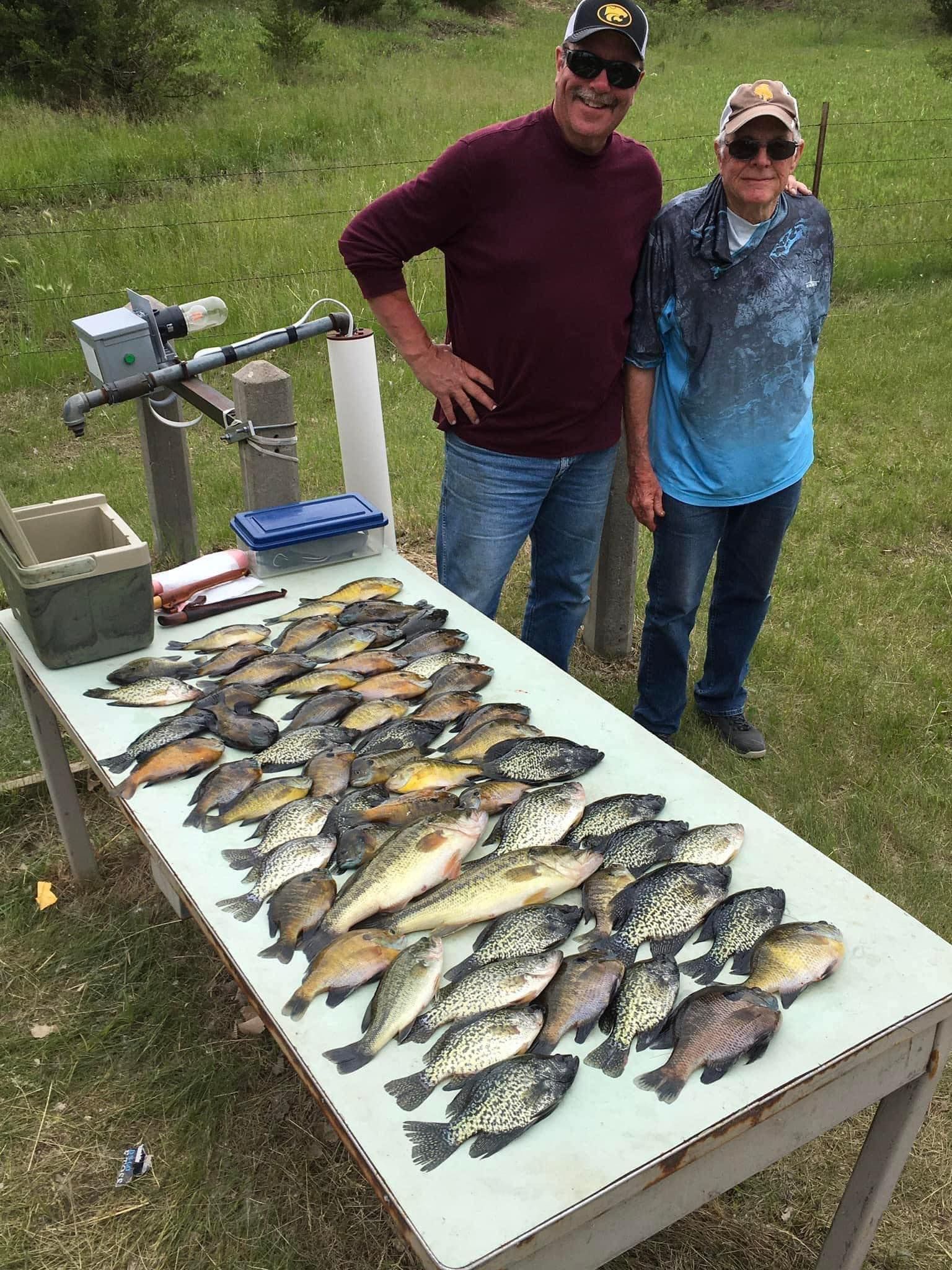 Two people stand by a table overflowing with perch, crappie and bluegill outdoors. One man in a maroon shirt and jeans, the other in a blue and white shirt and jeans.