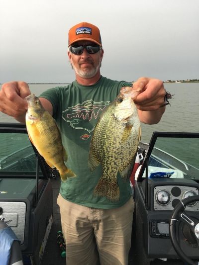 Man on boat holding up a yellow perch and a speckled crappie. Cloudy day, water in background.