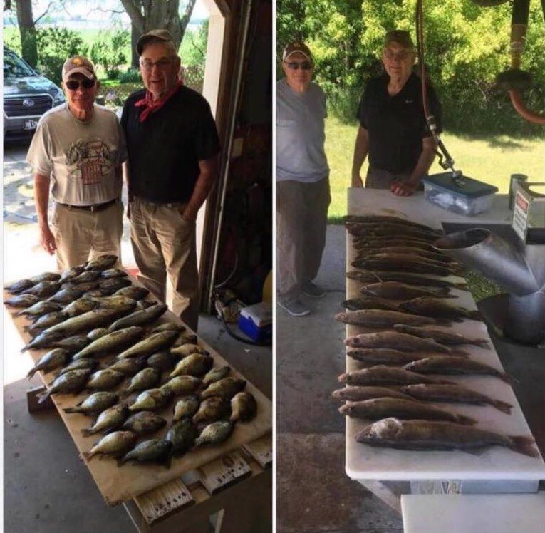 Two photos show men with their fishing catch. Fish lie on tables.