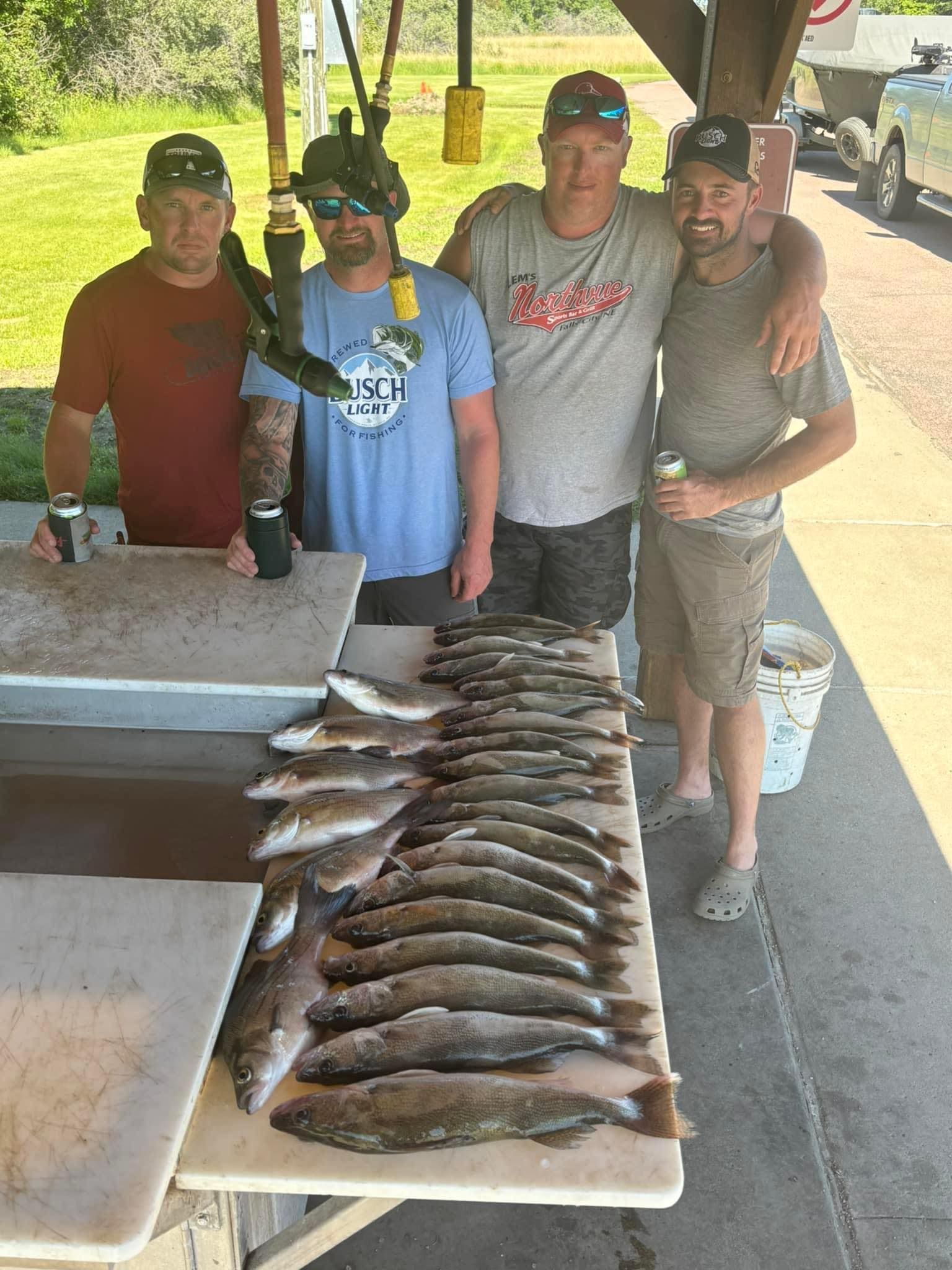 Four men pose with a large catch of fish on a table outside. They are near a shelter on a sunny day.