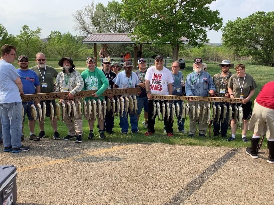 Group of people holding up fish strung on boards, likely a fishing competition. Outdoors on a sunny day.
