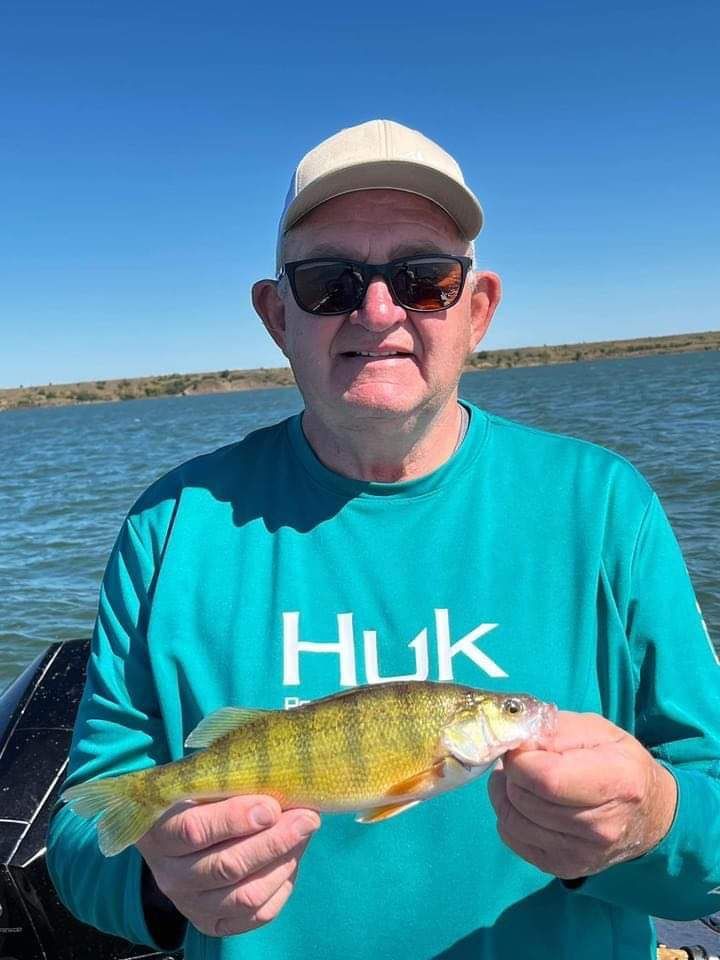 Man holding a yellow perch on a boat, wearing sunglasses and a Huk shirt, with a lake background.