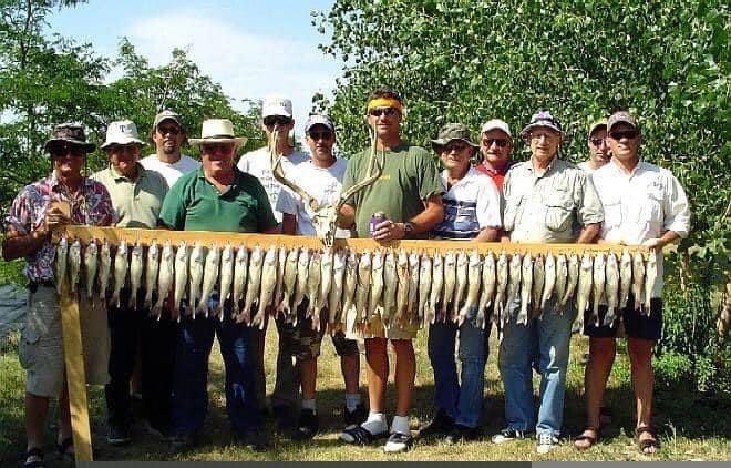 Group of men holding a wooden plank with many fish, outside on a sunny day.