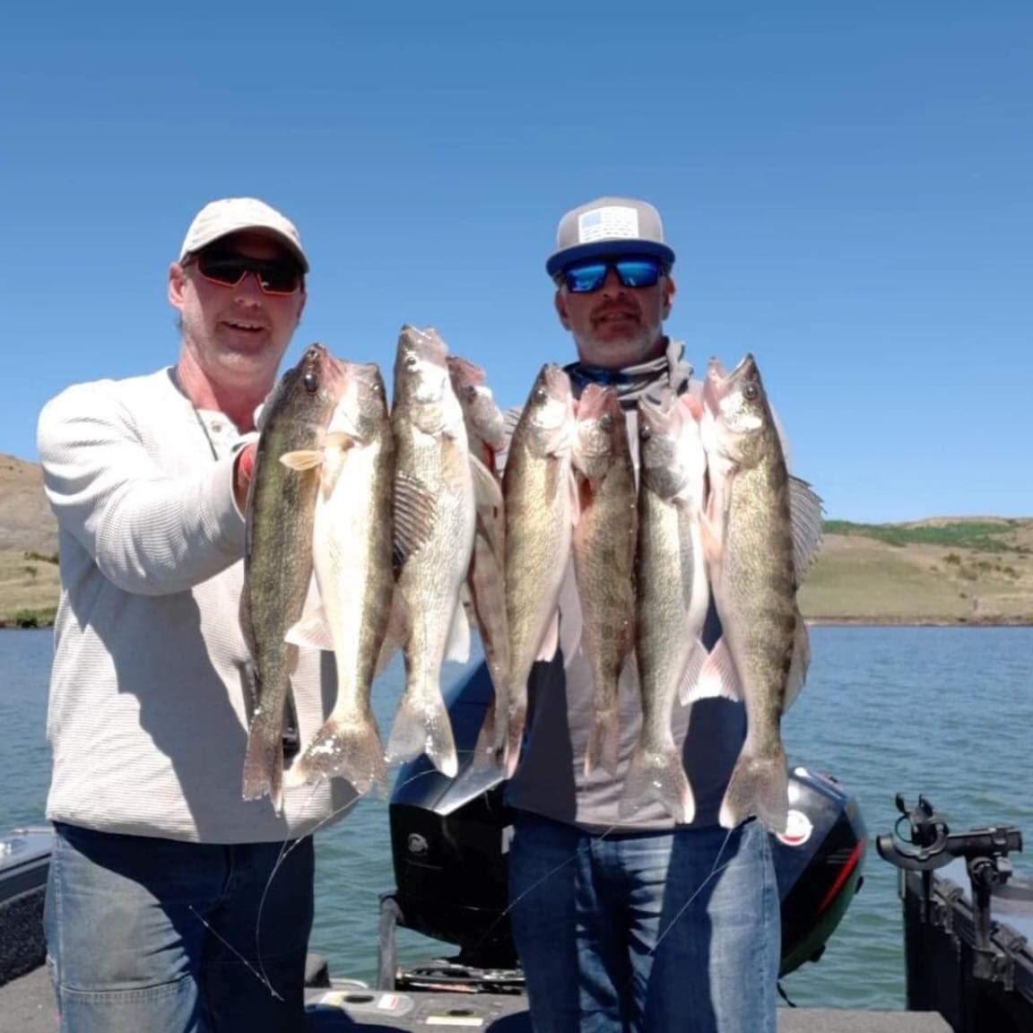 Two men on a boat hold up several walleye fish they have caught, against a blue sky backdrop.