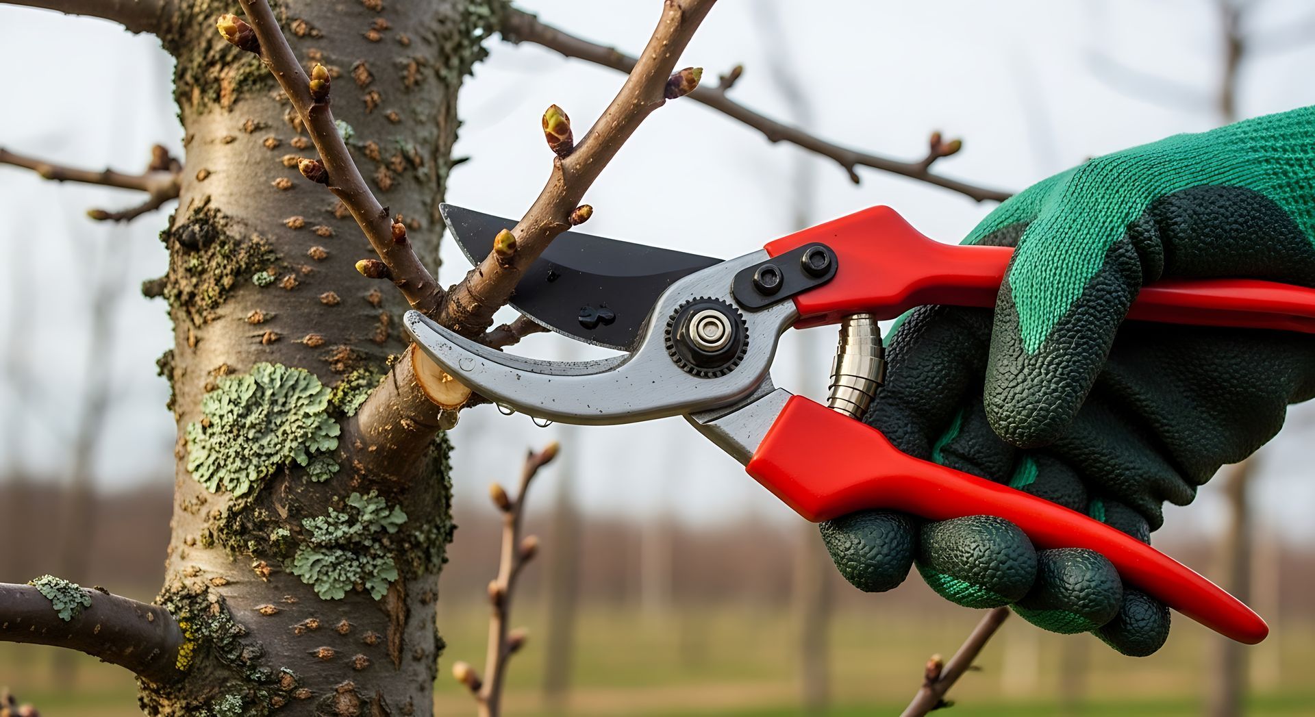 Gardener's hand in green glove pruning a tree branch with red secateurs. Gardener's hand in green glove pruning a tree branch with red secateurs.
