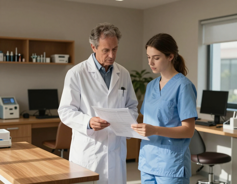 Faculty practitioner supervising a student practitioner reviewing a treatment plan