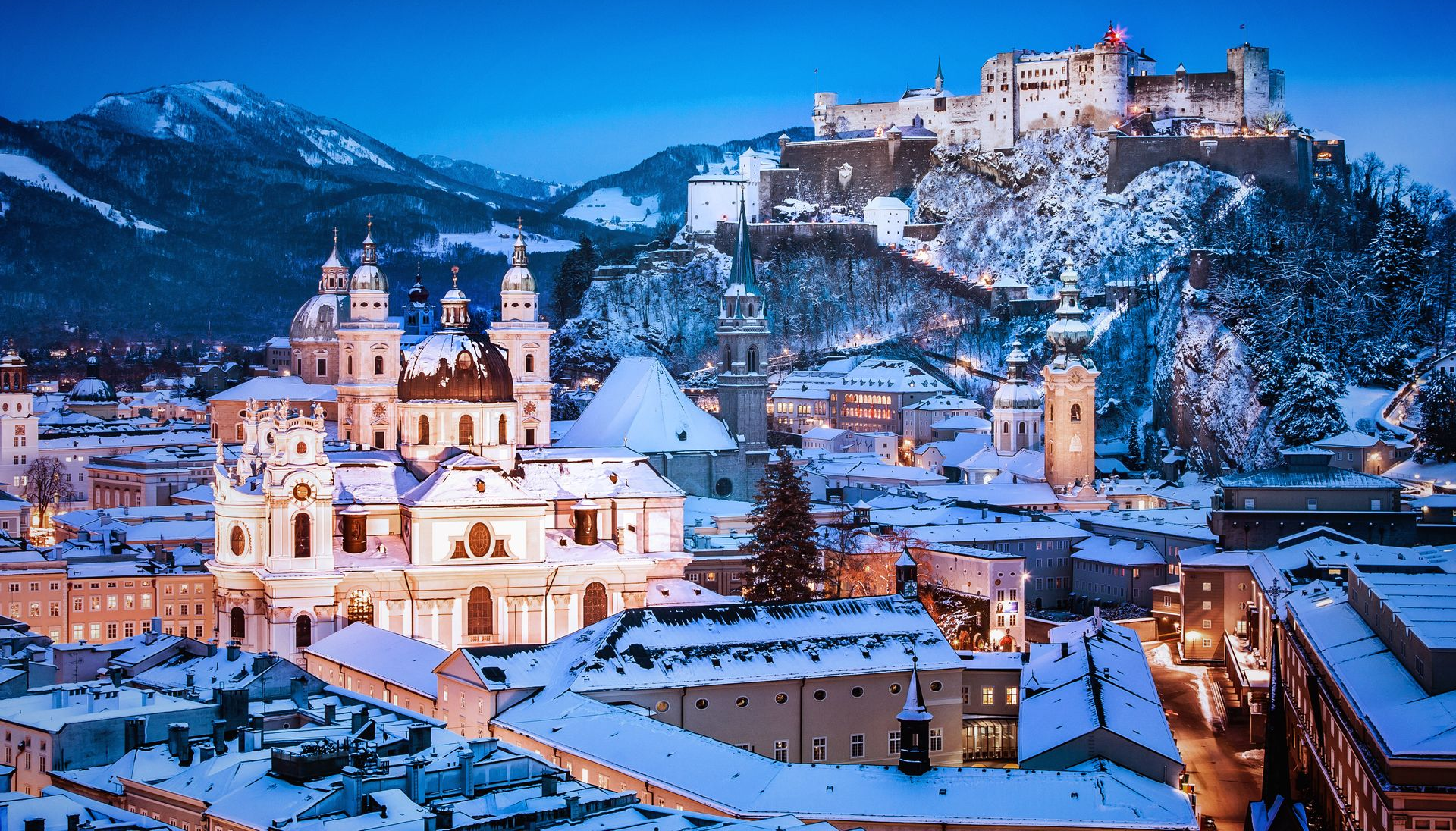Salzburg covered in snow in the evening light, courtesy AmaWaterways