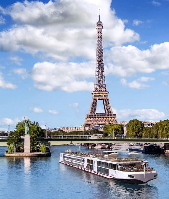 A viking longship on the Seine river with the Eiffel tower in the background