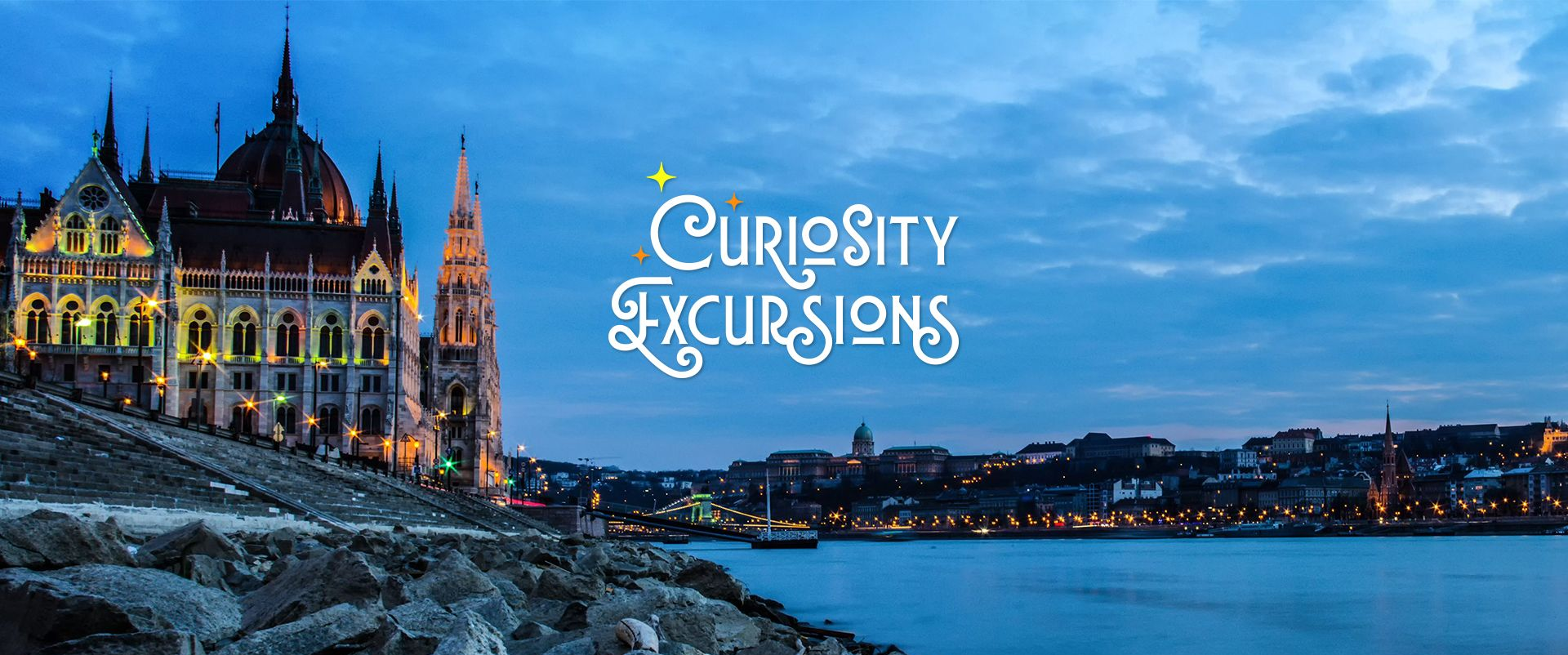 Curiosity Excursion logo on image of beautiful river with castle at golden hour