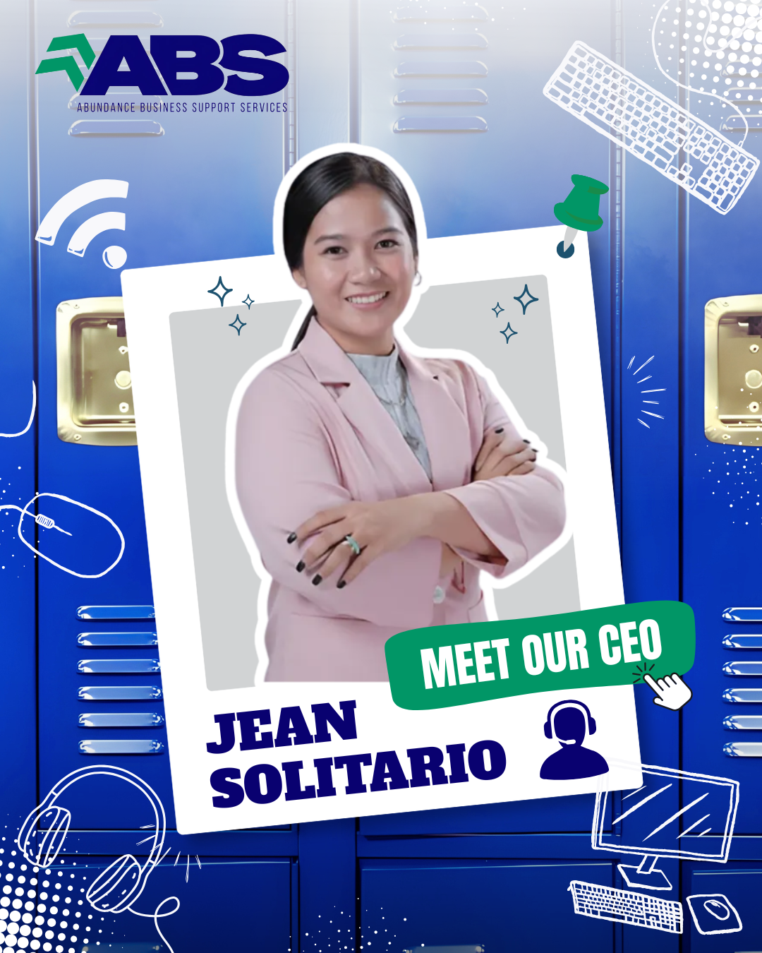 ABS promo with a smiling CEO in a blazer, blue background, and text “Meet our CEO Jean Solitario”