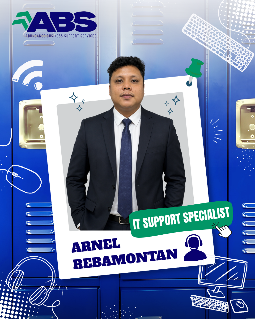 ABS IT support specialist poster with a man in a dark suit on a blue tech-themed background