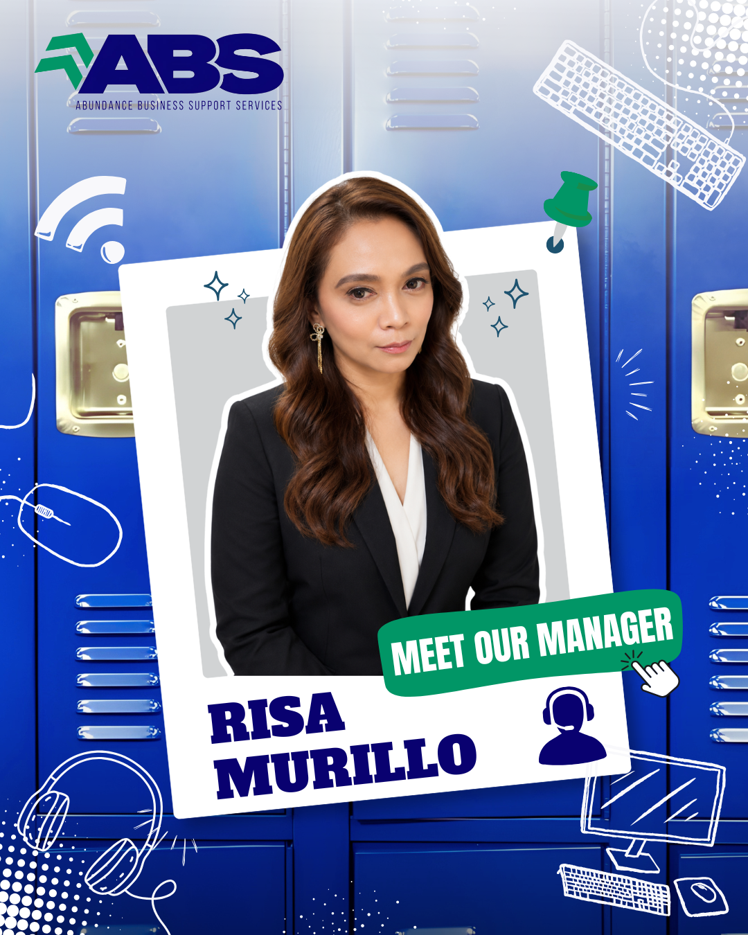 ABS promo poster with manager Risa Murillo on a blue background, labeled “Meet our Manager”