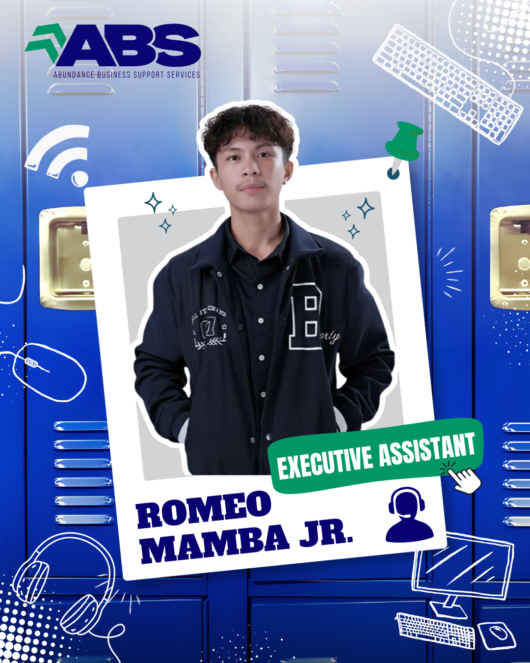 ABS promo poster with a young man labeled “Executive Assistant” and “Romeo Mamba Jr.” on a blue background
