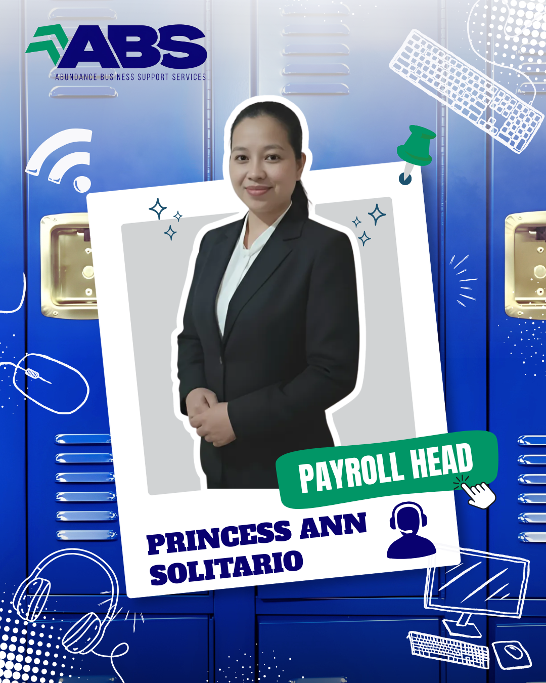 ABS payroll head portrait on blue background, labeled “Princess Ann Solitario” in a black suit.
